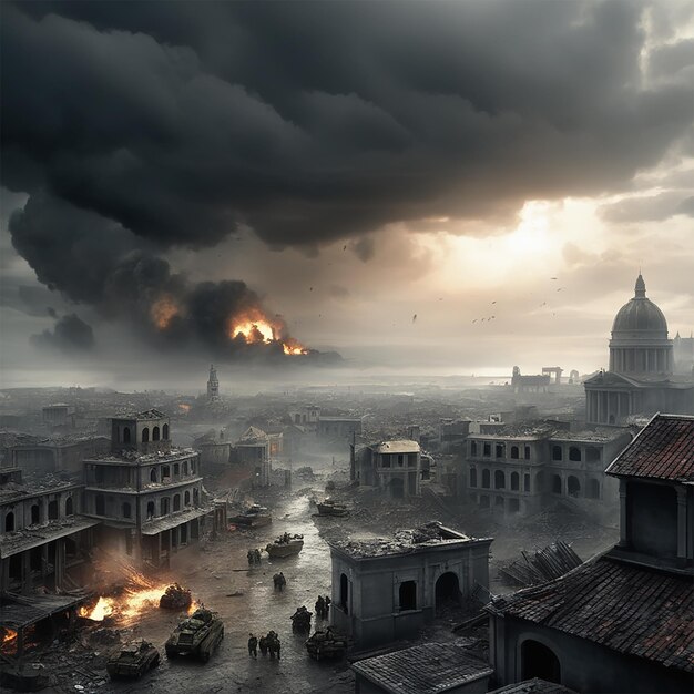 un'immagine di un incendio che brucia in una città con un grande pennacchio di fumo che sale dal cielo.