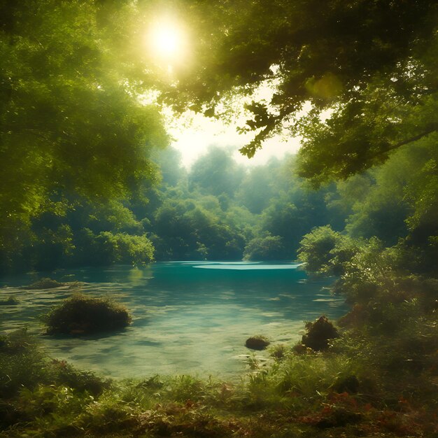 Un'immagine di un lago con alberi e il sole che splende attraverso gli alberi.