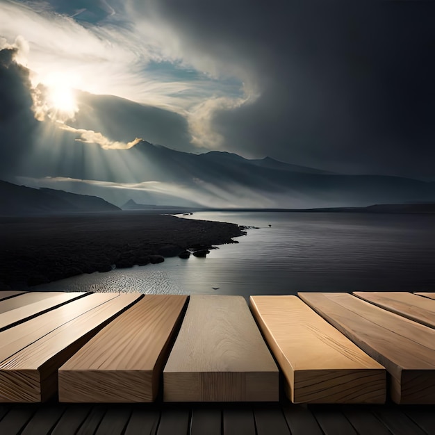 Un'immagine di un lago con un ponte di legno e un cielo nuvoloso.