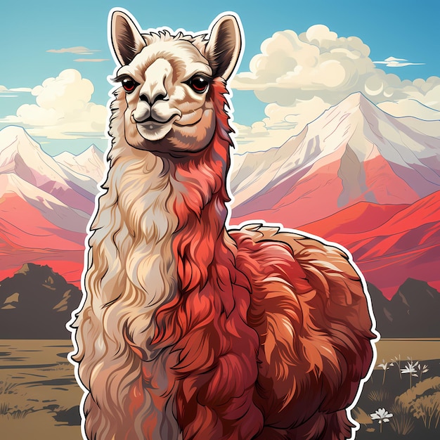 un'immagine di un lama con le montagne sullo sfondo.