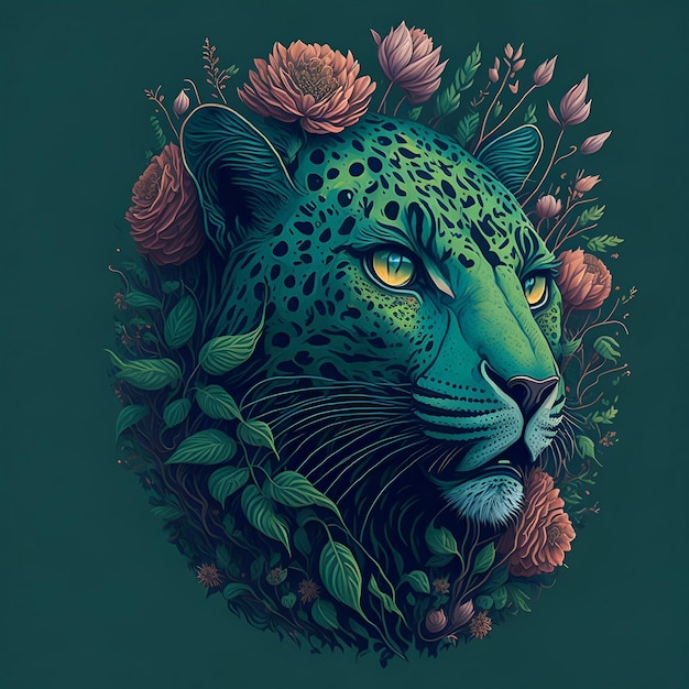 Un'immagine di un leopardo con una faccia blu e uno sfondo verde.