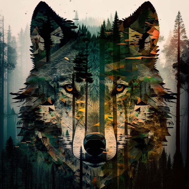 Un'immagine di un lupo con uno sfondo di foresta e la scritta "lupo" sul davanti.