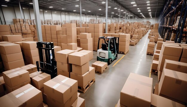 un'immagine di un magazzino affollato pieno di scatole ben accatastate e carrelli elevatori in movimento
