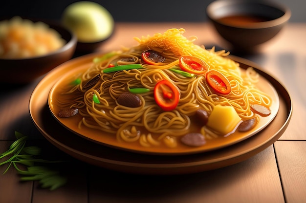 Un'immagine di un piatto di tagliatelle chow mein con verdure verdi e rosse