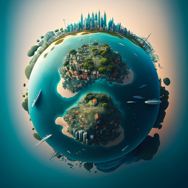 Un'immagine di un piccolo pianeta con edifici e alberi IA generativa