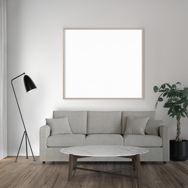 un'immagine di un ritratto a cornice bianca su una parete sullo sfondo di un soggiorno