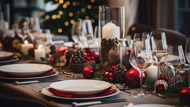 Un'immagine di un tavolo da pranzo splendidamente apparecchiato con decorazioni natalizie festive