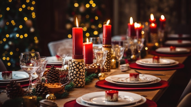 Un'immagine di un tavolo da pranzo splendidamente apparecchiato con decorazioni natalizie festive