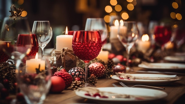 Un'immagine di un tavolo da pranzo splendidamente apparecchiato con decorazioni natalizie festive