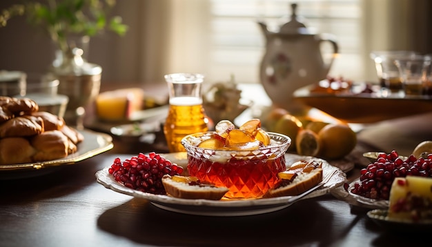 Un'immagine di un tavolo festivo di Rosh Hashanah con piatti tradizionali che rappresentano dolcezza e abudan