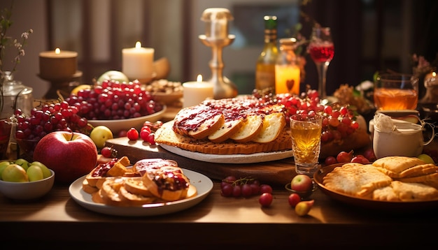 Un'immagine di un tavolo festivo di Rosh Hashanah con piatti tradizionali che rappresentano dolcezza e abudan