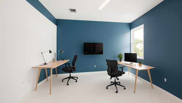 Un'immagine di un ufficio unico e affascinante con un accento blu generato dall'AI