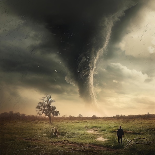 Un'immagine di un uomo in piedi davanti a un tornado