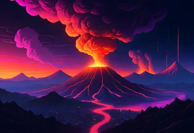 un'immagine di un vulcano con un tramonto sullo sfondo