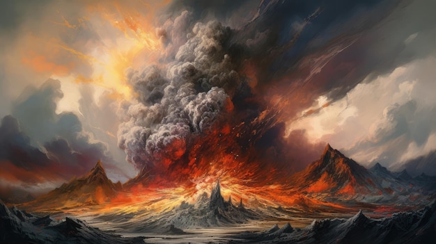 Un'immagine di un vulcano con un vulcano sullo sfondo