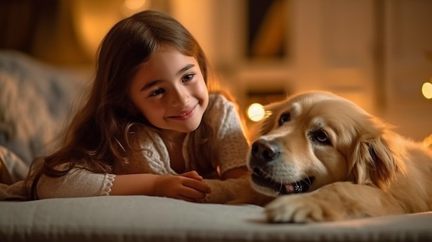 Un'immagine di una bambina che gioca con il suo compagno di cane a casa GENERATE AI