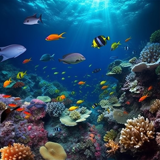 Un'immagine di una barriera corallina con pesci e uno sfondo blu.