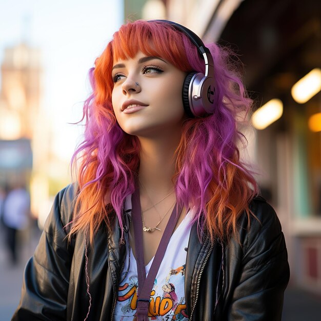 Un'immagine di una bella ragazza con i capelli rosa viola e occhiali da sole e ascoltando la musica godere del concetto di IA generativa