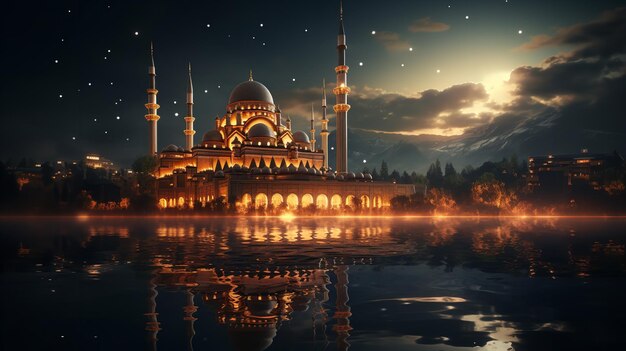 Un'immagine di una bellissima moschea di notte che si riferisce al Ramadan Generative AI