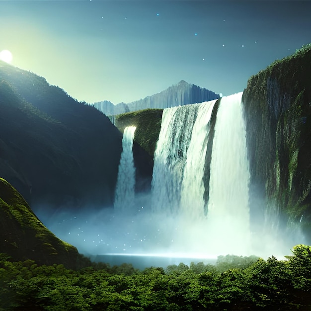 Un'immagine di una cascata con la luna sullo sfondo.