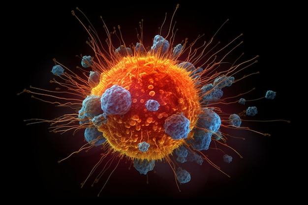 Un'immagine di una cellula di coronavirus con sfere blu su di essa