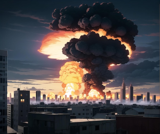Un'immagine di una città con una grande palla di fuoco nel cielo.