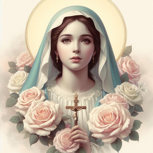 un'immagine di una donna che tiene una croce con rose