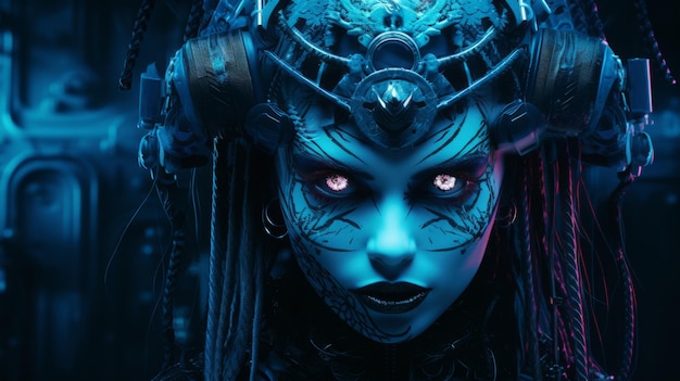un'immagine di una donna con il trucco blu sul viso