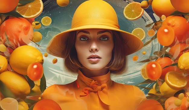 un'immagine di una donna con un vestito giallo e un cappello arancione nello stile del collage pop art