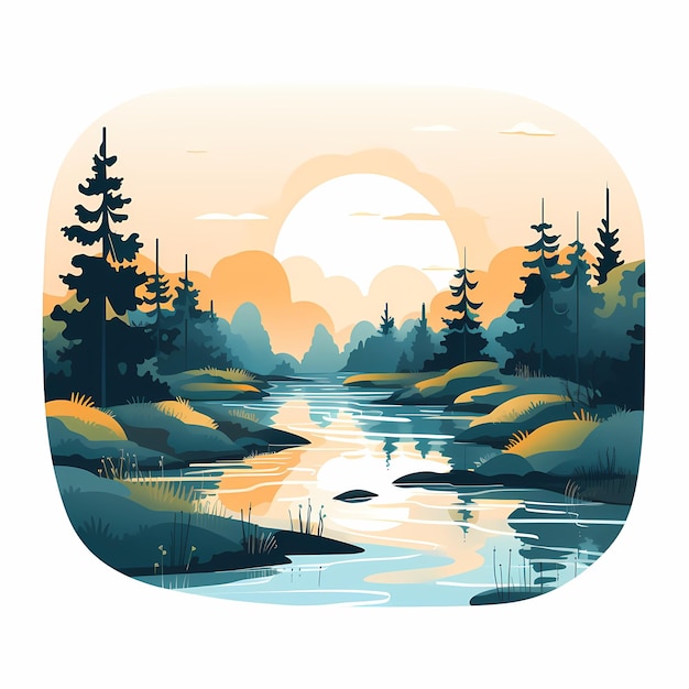 un'immagine di una foresta con un fiume e un sole sullo sfondo.