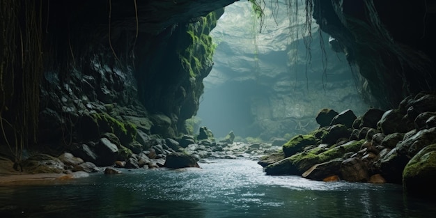 Un'immagine di una grotta piena di numerose rocce e acqua Questa immagine può essere usata per raffigurare formazioni naturali meraviglie geologiche o temi di avventura ed esplorazione