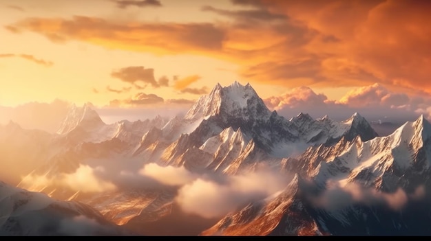 Un'immagine di una montagna con un tramonto e un cielo con nuvole.