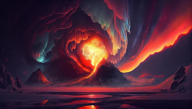 Un'immagine di una montagna e una palla di fuoco con sopra la parola fuoco