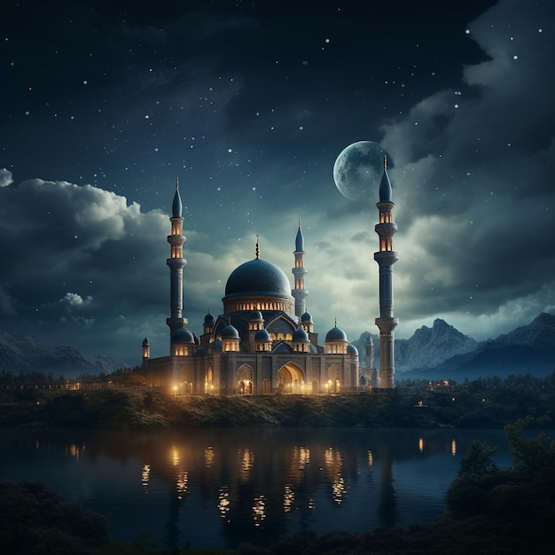 Un'immagine di una moschea con la luna sullo sfondo