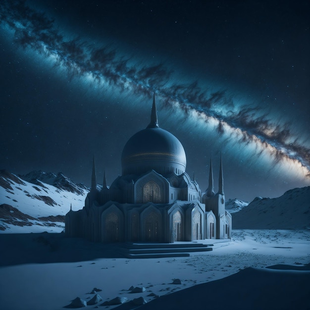 Un'immagine di una moschea con un cielo stellato e un cielo notturno stellato.