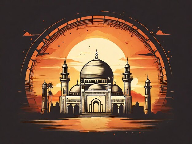 un'immagine di una moschea con un tramonto sullo sfondo