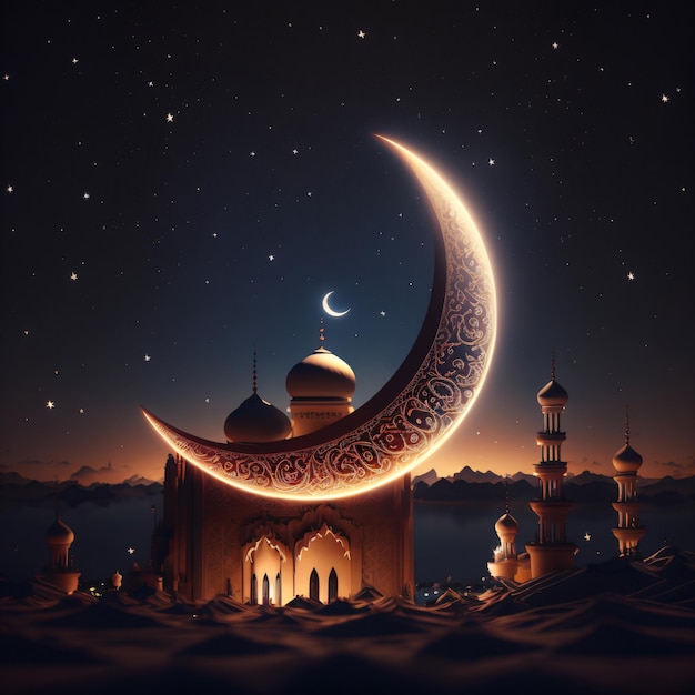 Un'immagine di una moschea con una falce di luna e stelle.