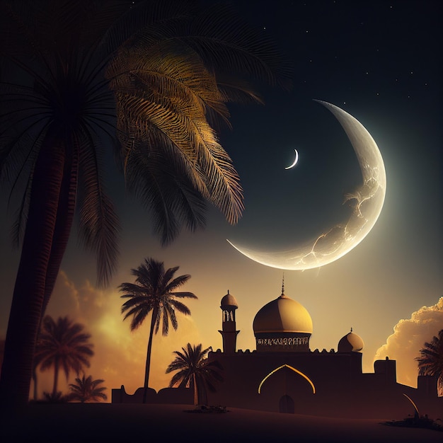 Un'immagine di una moschea con una falce di luna sullo sfondo