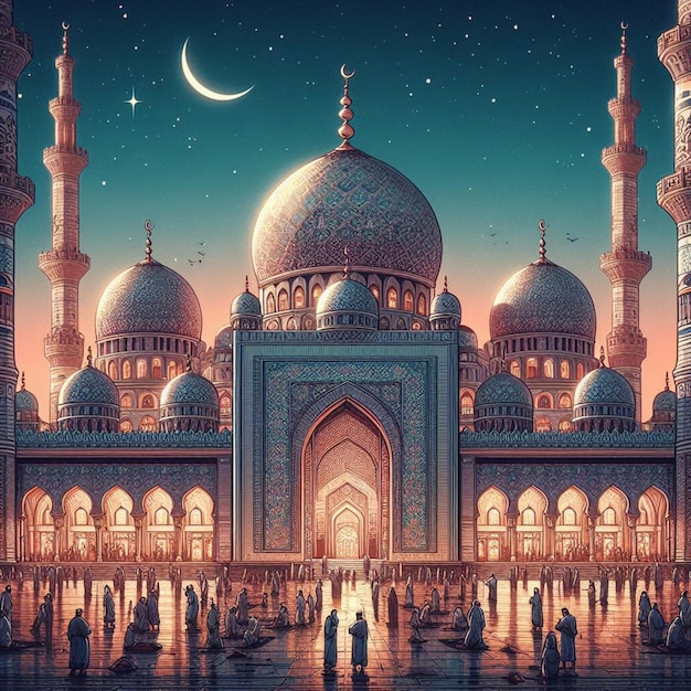 un'immagine di una moschea con una luna e stelle su di essa