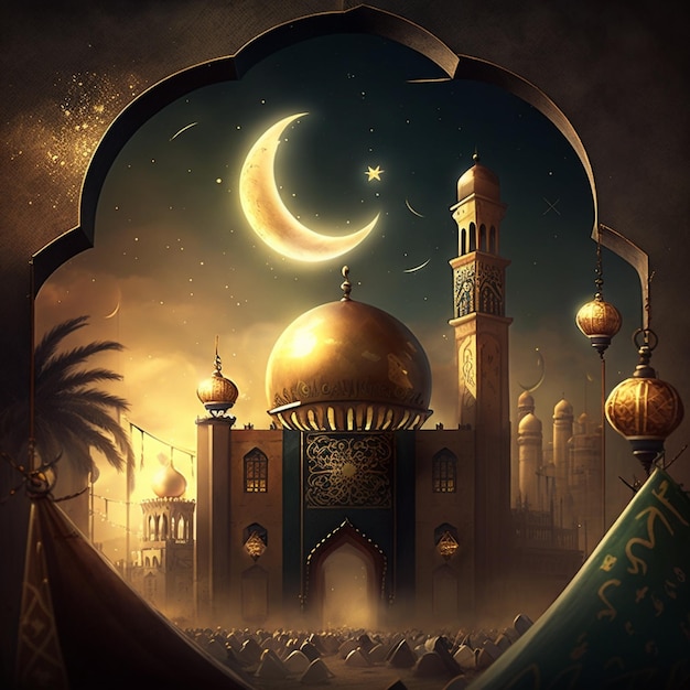 Un'immagine di una moschea con una luna e stelle sullo sfondo.