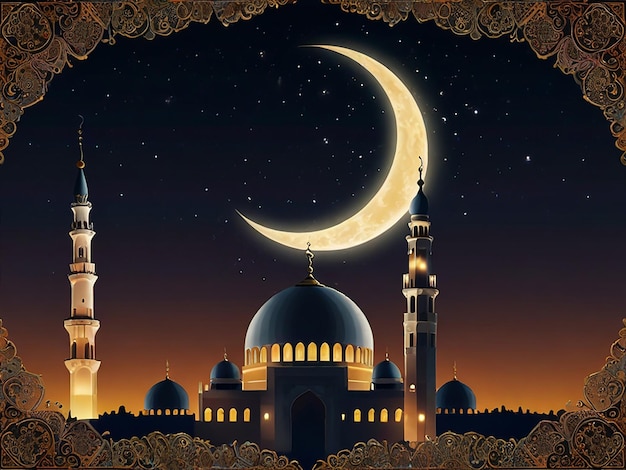 un'immagine di una moschea con una luna e una moschea sullo sfondo