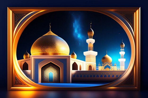 Un'immagine di una moschea con uno sfondo blu e una cupola dorata.