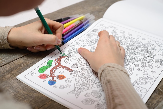 Un'immagine di una nuova cosa alla moda chiamata libro da colorare per adulti In questa immagine una persona sta colorando un modello illustrativo e dettagliato per alleviare lo stress per gli adulti