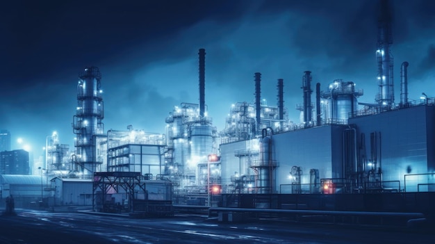 un'immagine di una raffineria di petrolio di notte con le luci a sinistra.