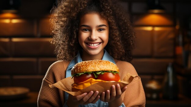 Un'immagine di una ragazza felice e esilarante che ordina un delizioso hamburger da un caffè a consegna che è desiderosa di cenare nella sala da pranzo