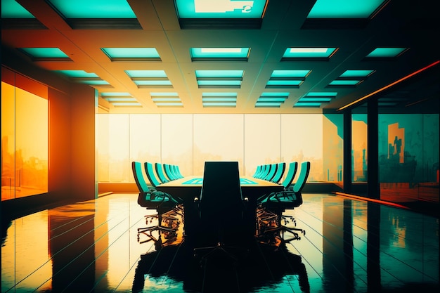 Un'immagine di una sala riunioni con accenti turchesi illuminata dalla brillante luce dorata di un lucernario