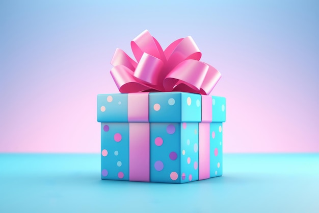 Un'immagine di una scatola regalo blu con un nastro rosa e un arco su uno sfondo blu