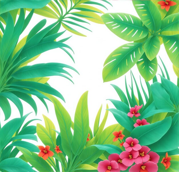 un'immagine di una scena tropicale con piante e fiori tropicali.