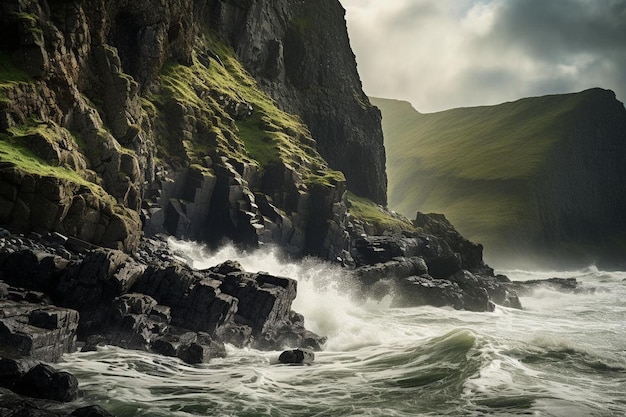 Un'immagine di una scogliera con l'oceano e le scogliere sullo sfondo.