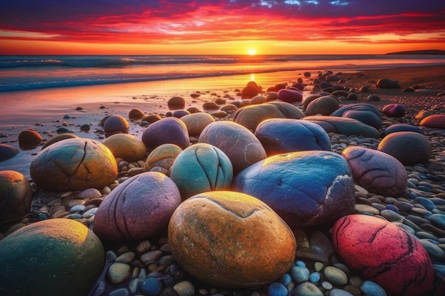 Un'immagine di una spiaggia con pietre colorate su di essa